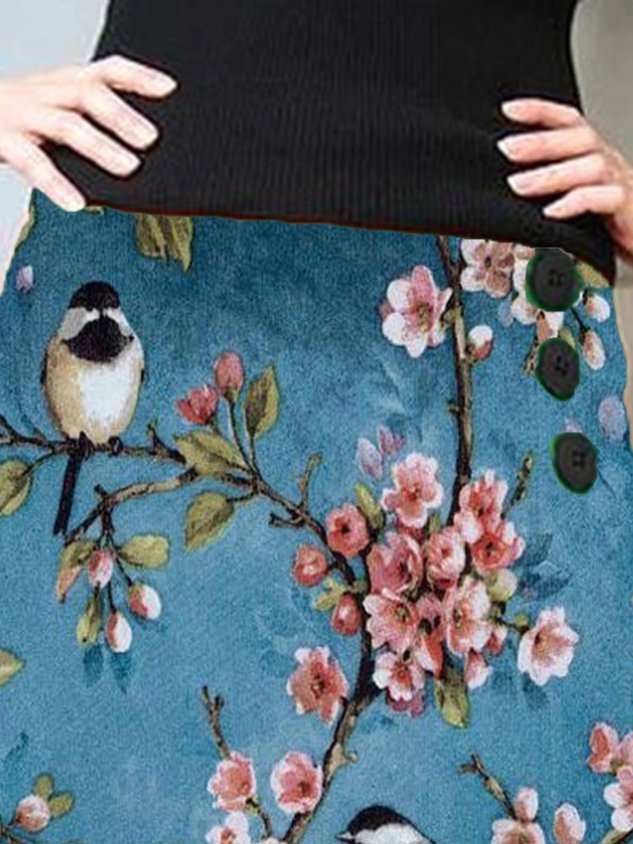 Blau Geblümt Vogel Print Retro Rock in A-Linie