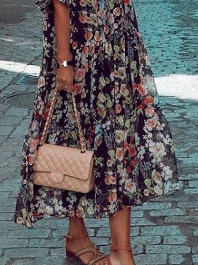 V-Ausschnitt Jacquard Kurzarm Weberei Kleid