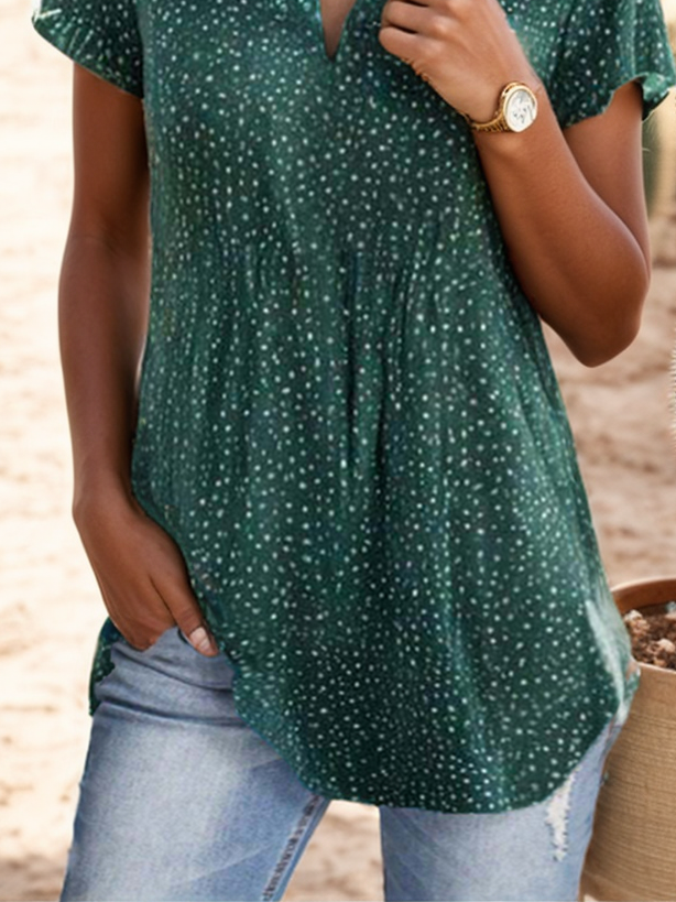 Women's Short Sleeve Blouse Summer Polka Dots Cotton Shirt Collar Daily Going Out Casual Top Green