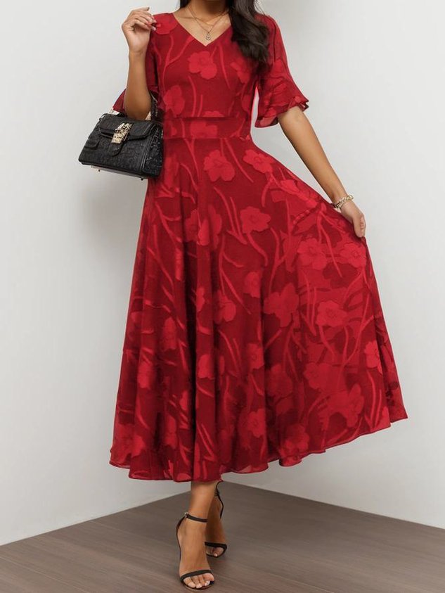 Women's Short Sleeve Summer Floral Dress V Neck Bell Sleeve Elegant Wedding Guest Blue Flowy Maxi Dress