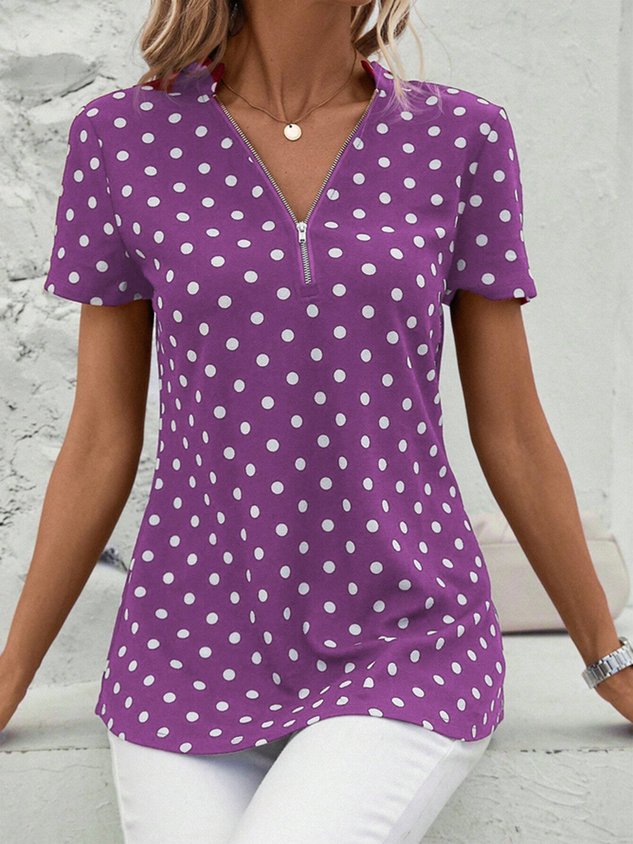 Women's Short Sleeve Blouse Summer Dark Blue Polka Dots Zipper V Neck Going Out Top