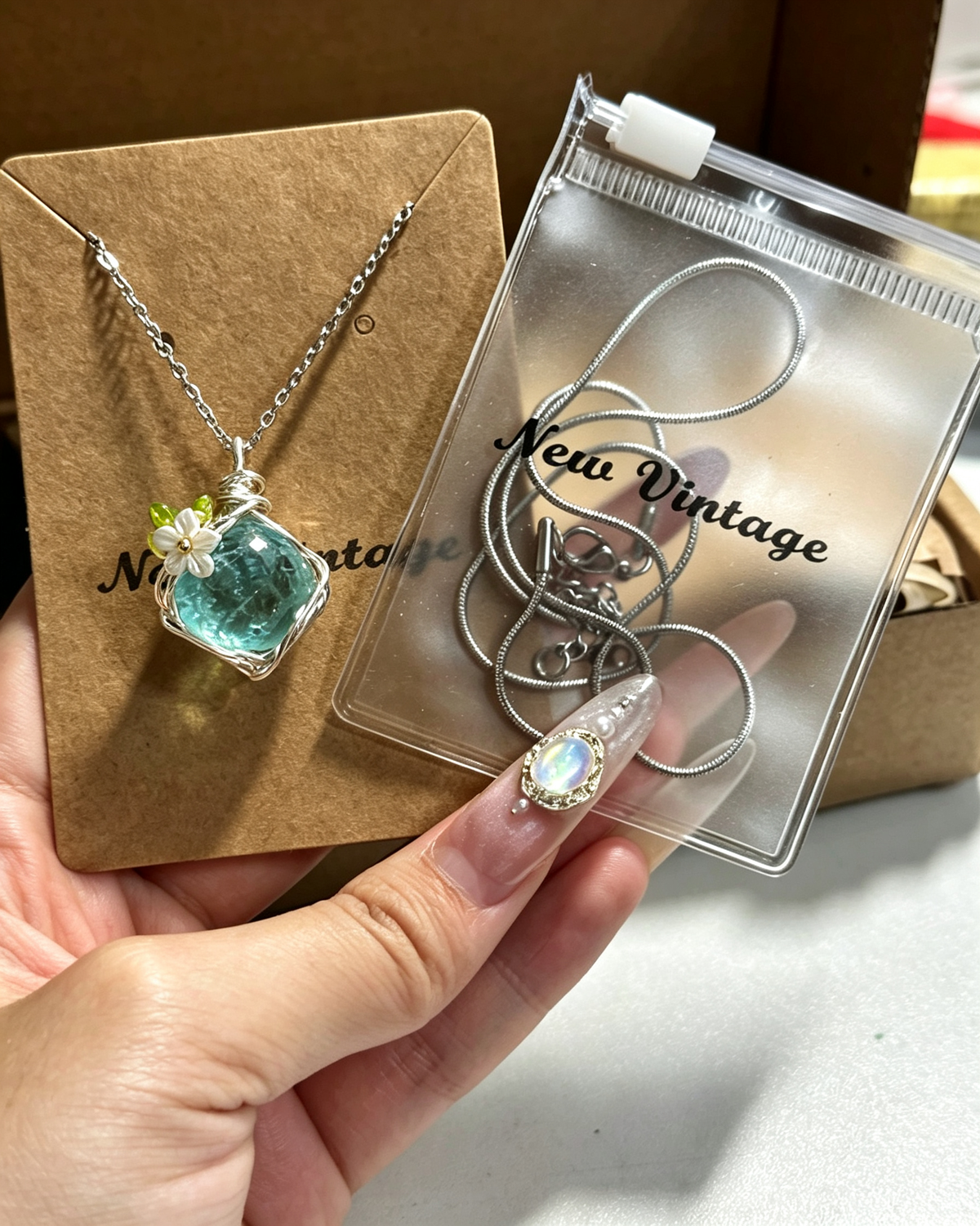 Hand‑wrapped Raw Blue Crystal Pendant Necklace With Flower Charm