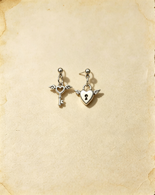 Vintage-Heart Wing Lock‑Key Drop Earrings