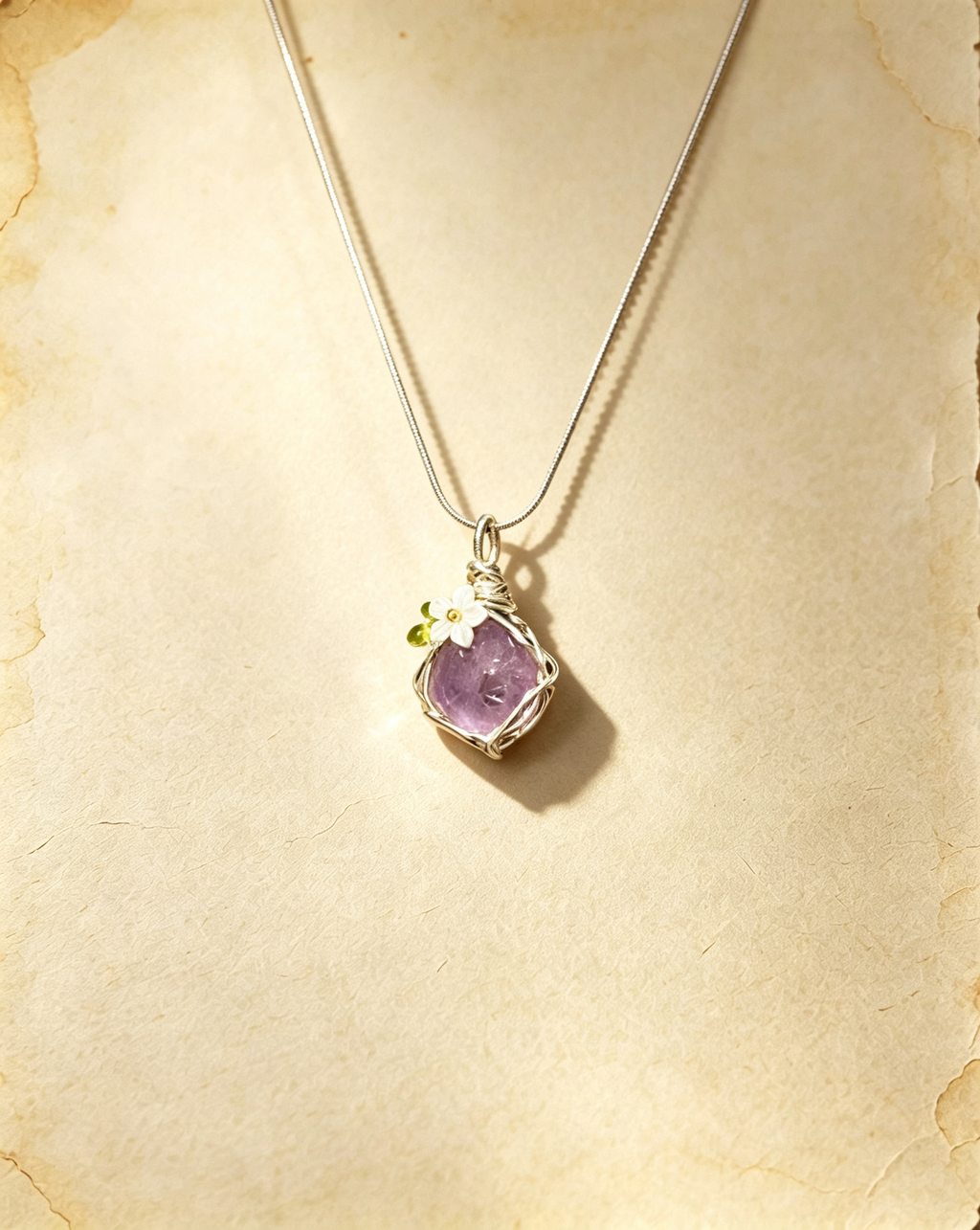 Hand‑wrapped Raw Blue Crystal Pendant Necklace With Flower Charm