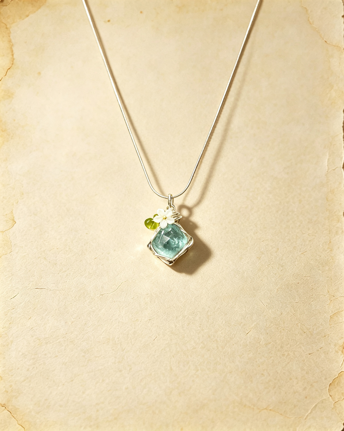 Hand‑wrapped Raw Blue Crystal Pendant Necklace With Flower Charm