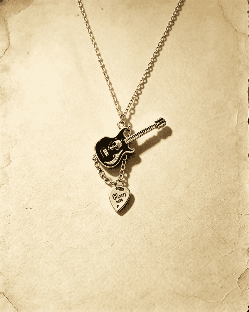 Vintage Guitar‑Shaped Pendant Necklace With Heart Charm