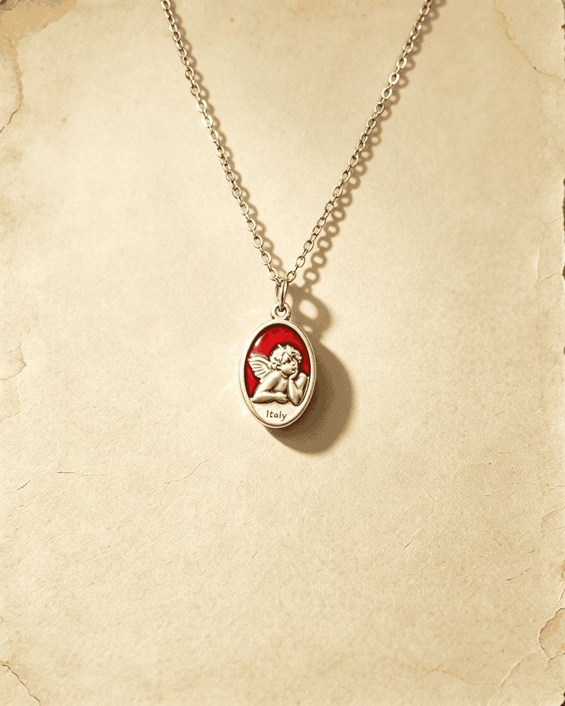 Vintage Red Enamel Guardian Angel Oval Pendant Necklace