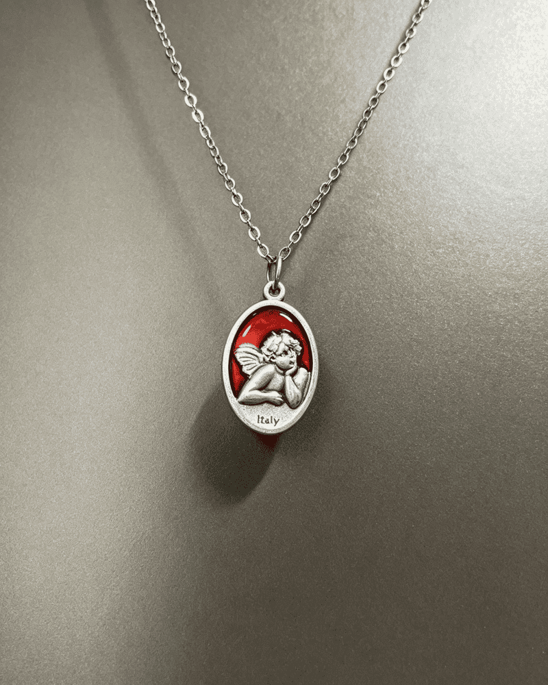 Vintage Red Enamel Guardian Angel Oval Pendant Necklace