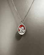Vintage Red Enamel Guardian Angel Oval Pendant Necklace