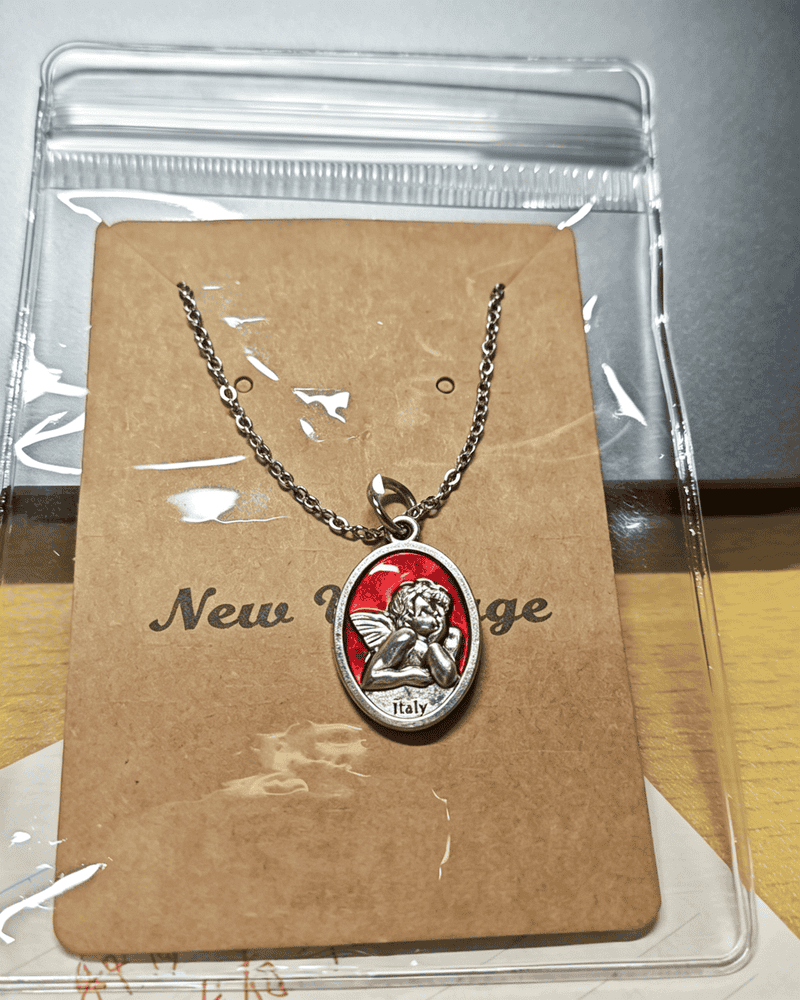 Vintage Red Enamel Guardian Angel Oval Pendant Necklace