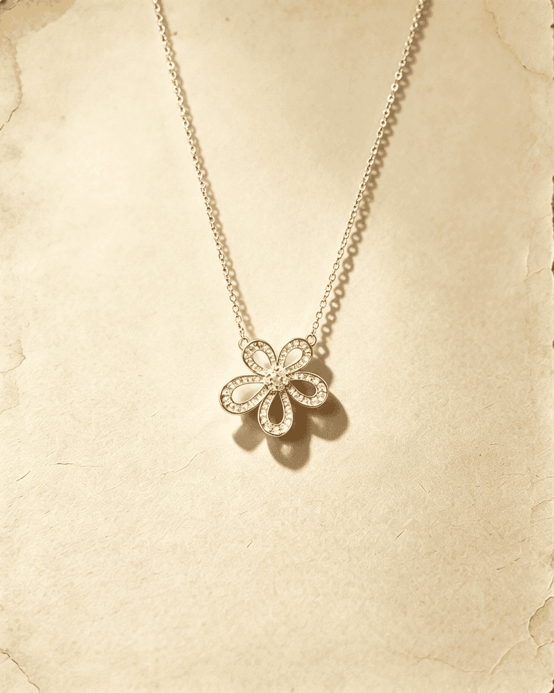 Vintage Hollow‑Flower Shiny Rhinestone Pendant Necklace