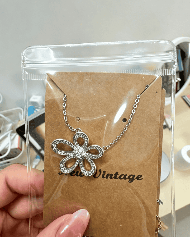 Vintage Hollow‑Flower Shiny Rhinestone Pendant Necklace