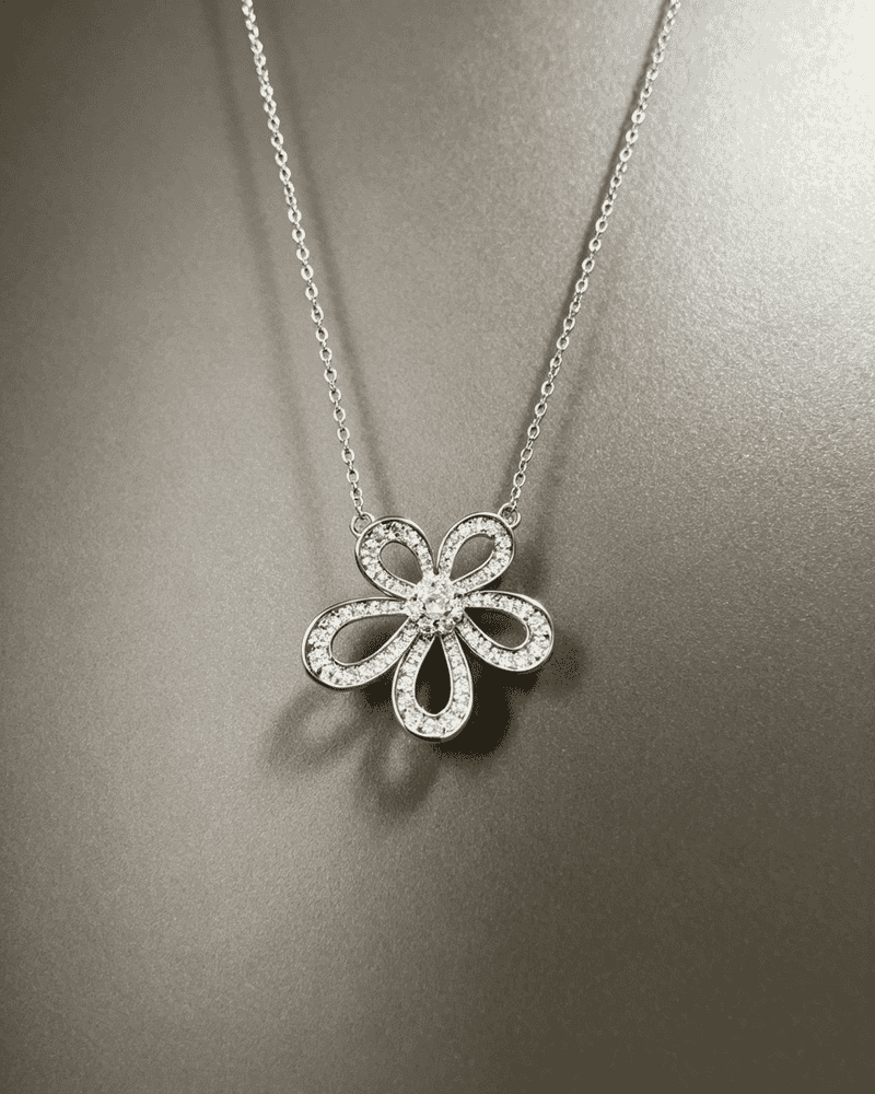 Vintage Hollow‑Flower Shiny Rhinestone Pendant Necklace