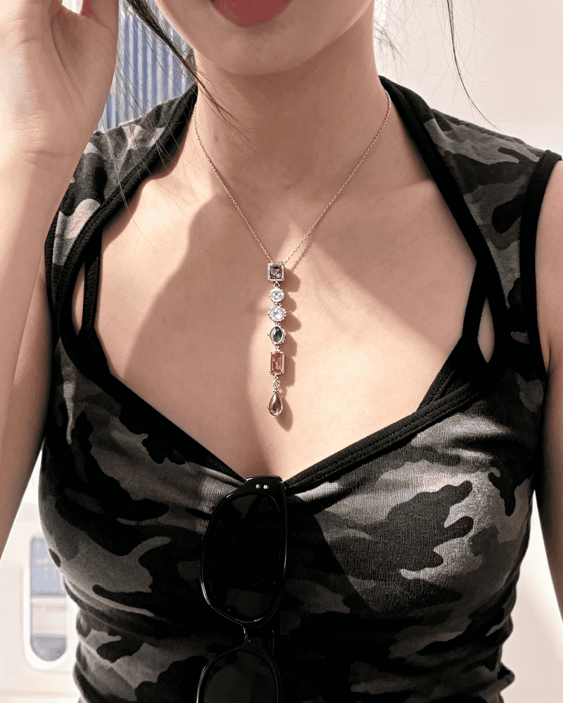 Vintage Long‑Drop Multicolor Zircon Waterfall Pendant Necklace