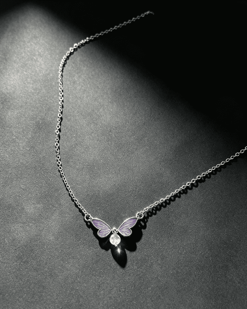 Vintage Tiny Blue‑Wing Butterfly With Pearl Pendant Necklace