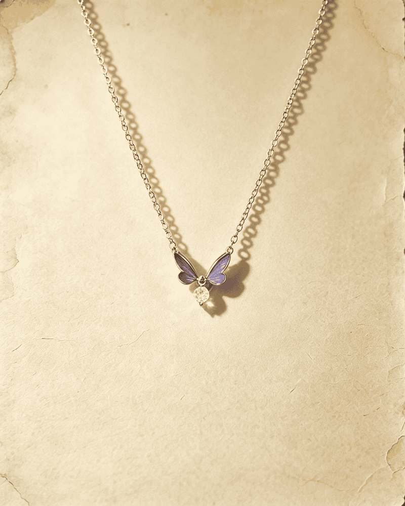 Vintage Tiny Blue‑Wing Butterfly With Pearl Pendant Necklace
