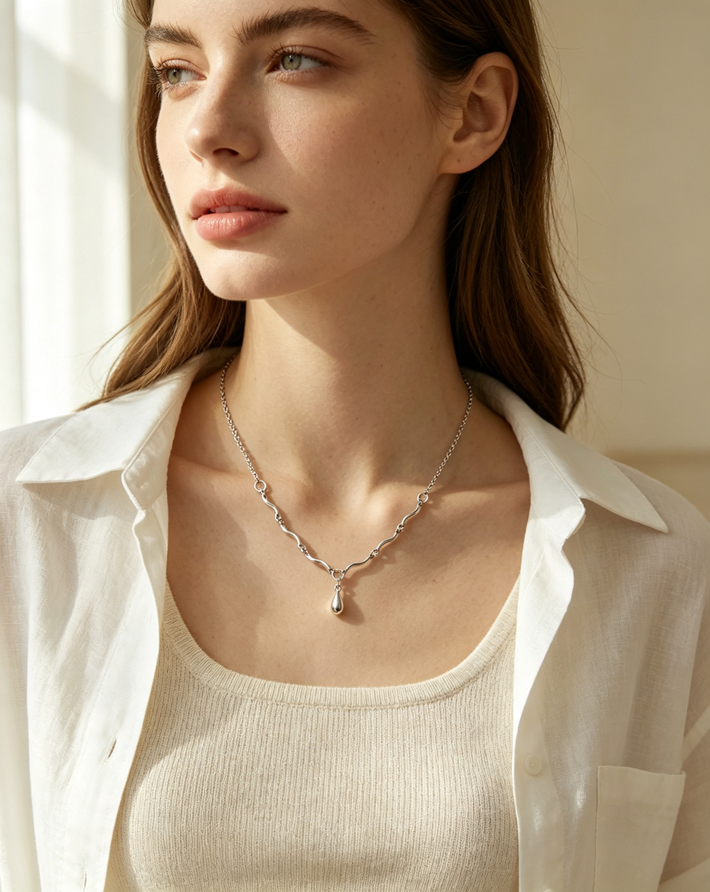 Vintage Wavy Chain Water‑drop Pendant Necklace