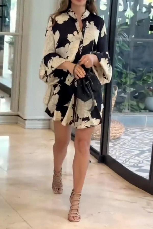 Printed long-sleeved slim-fitting lace-up retro women's dress