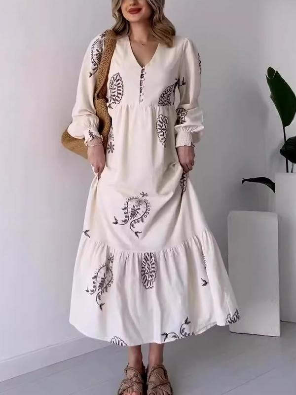 Temperament pattern v-neck maxi dress