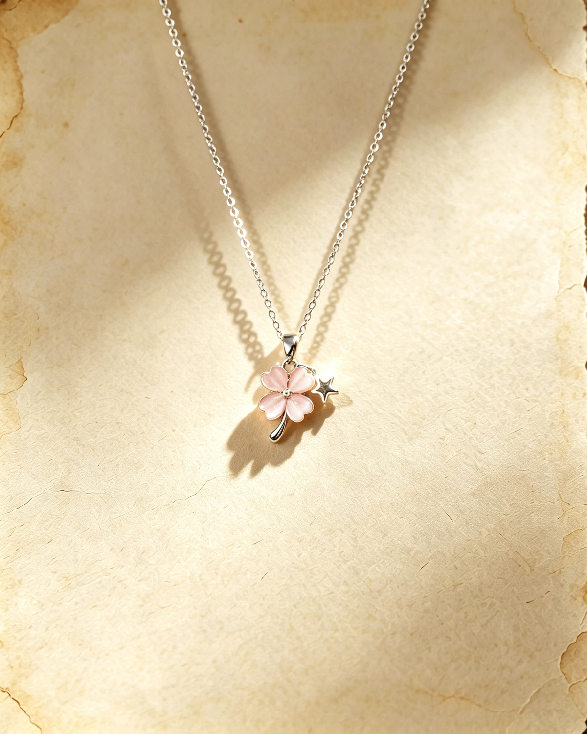 Vintage Lucky pink model Four‑Leaf Clover Necklace