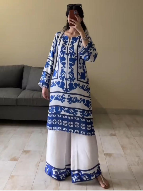 Notch Neck Top Blue Print Loose Two-Piece Set