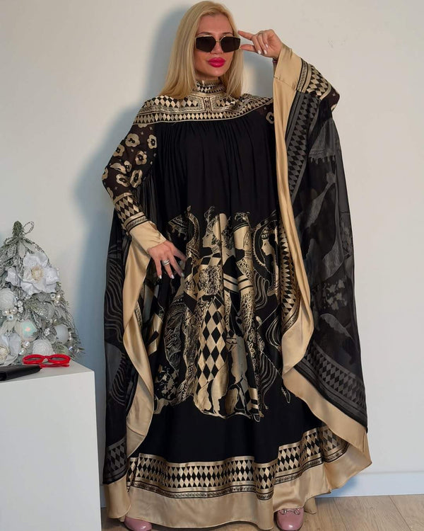 Batwing Sleeve Turtleneck Silk Dress