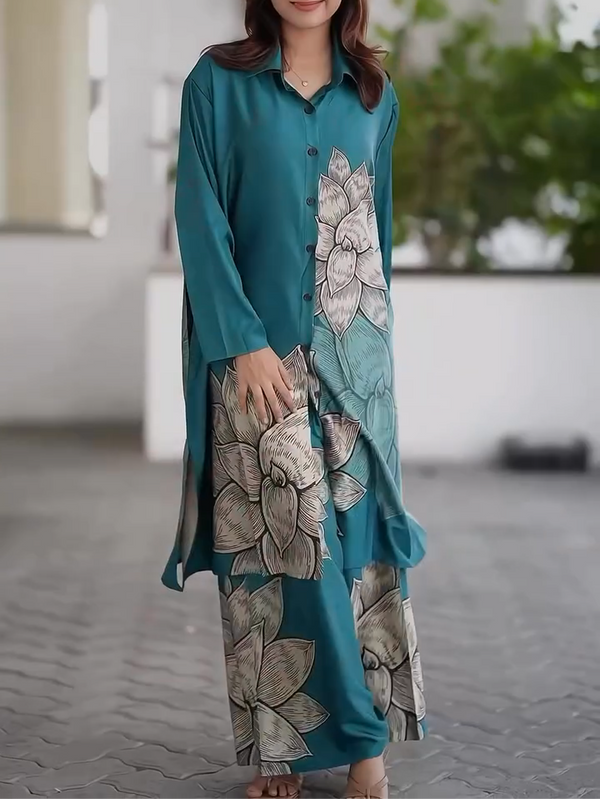Elegant Ink Lotus Long Sleeve Shirt Robe Set