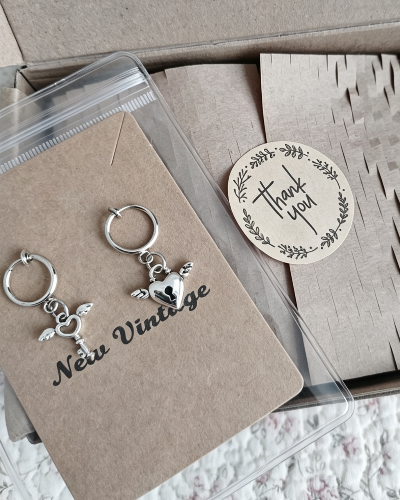 Vintage-Heart Wing Lock‑Key Drop Earrings