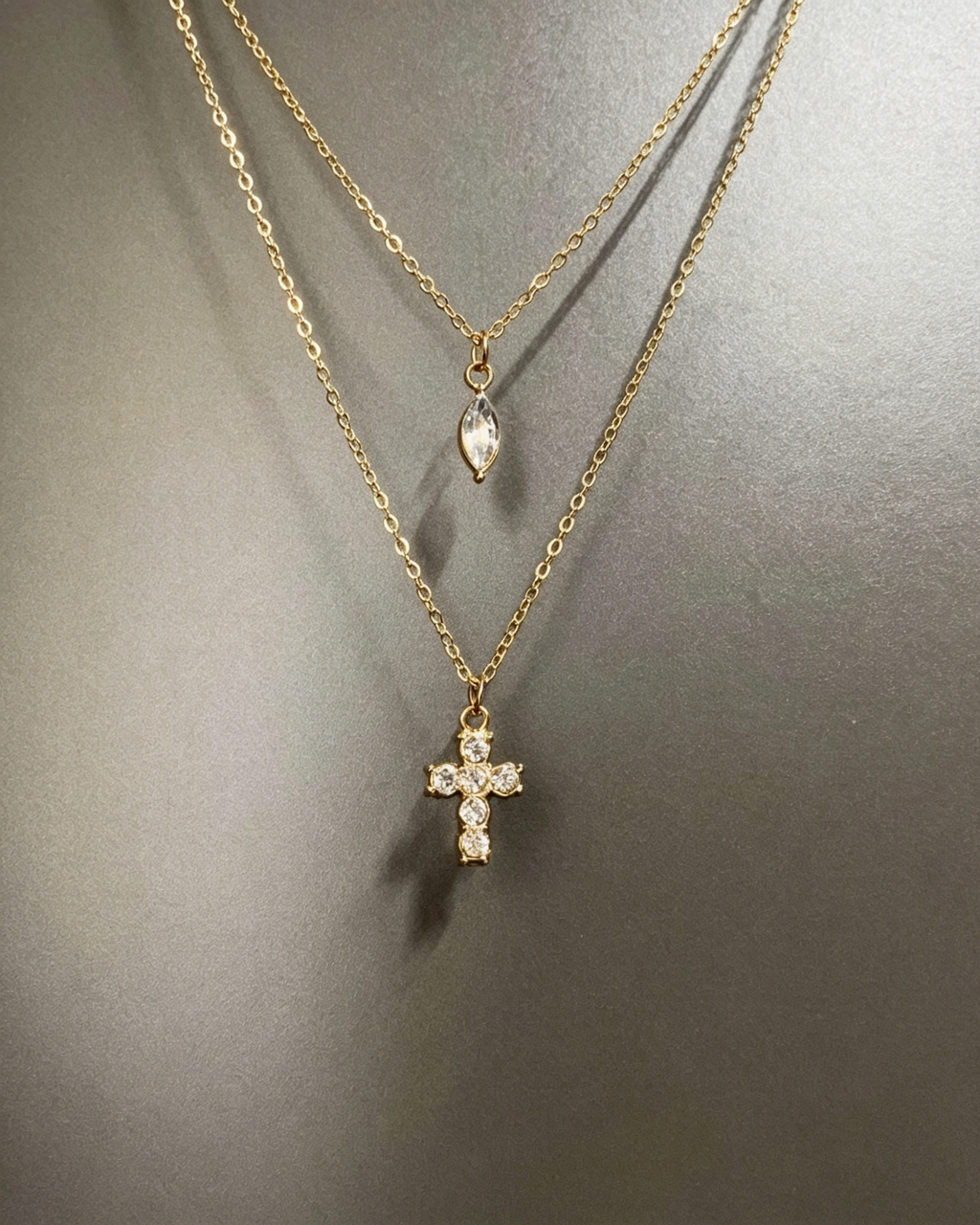 Vintage Double‑Layer Zircon Cross & Teardrop Pendant Necklace Gold‑Tiered Stacked
