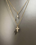 Vintage Double‑Layer Zircon Cross & Teardrop Pendant Necklace Gold‑Tiered Stacked