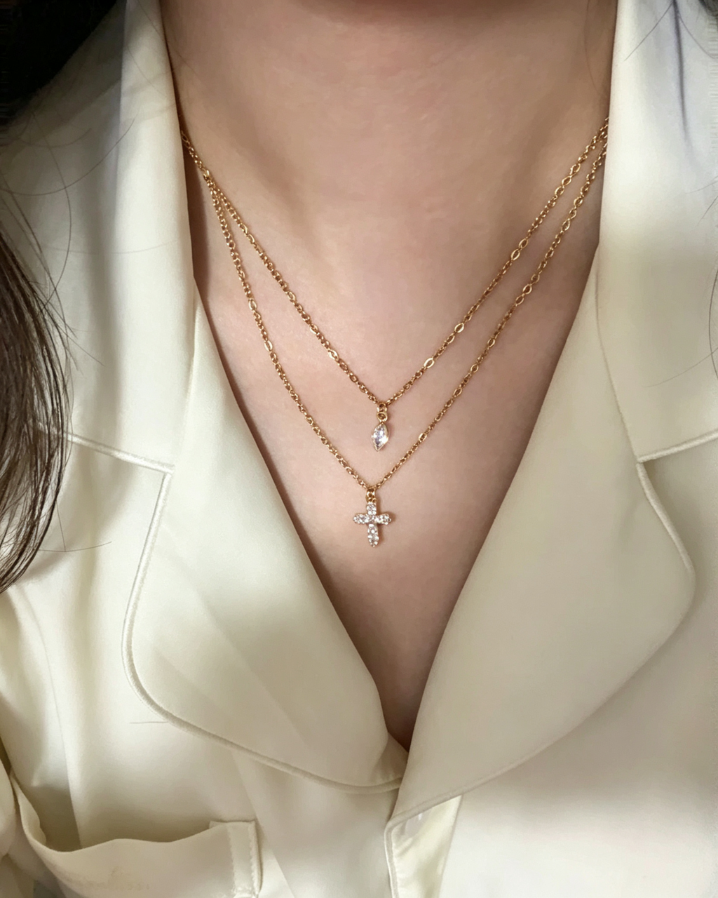 Vintage Double‑Layer Zircon Cross & Teardrop Pendant Necklace Gold‑Tiered Stacked