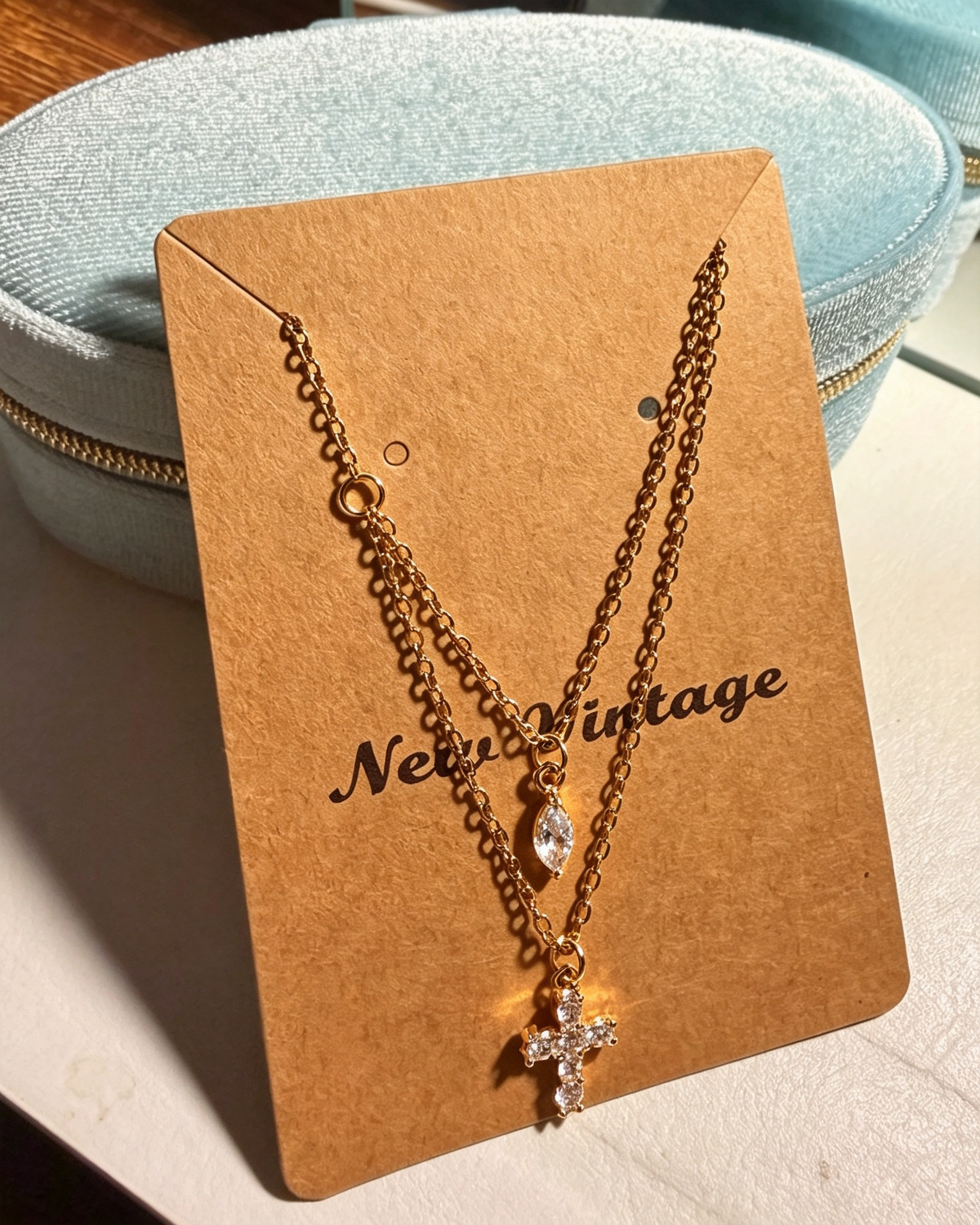 Vintage Double‑Layer Zircon Cross & Teardrop Pendant Necklace Gold‑Tiered Stacked