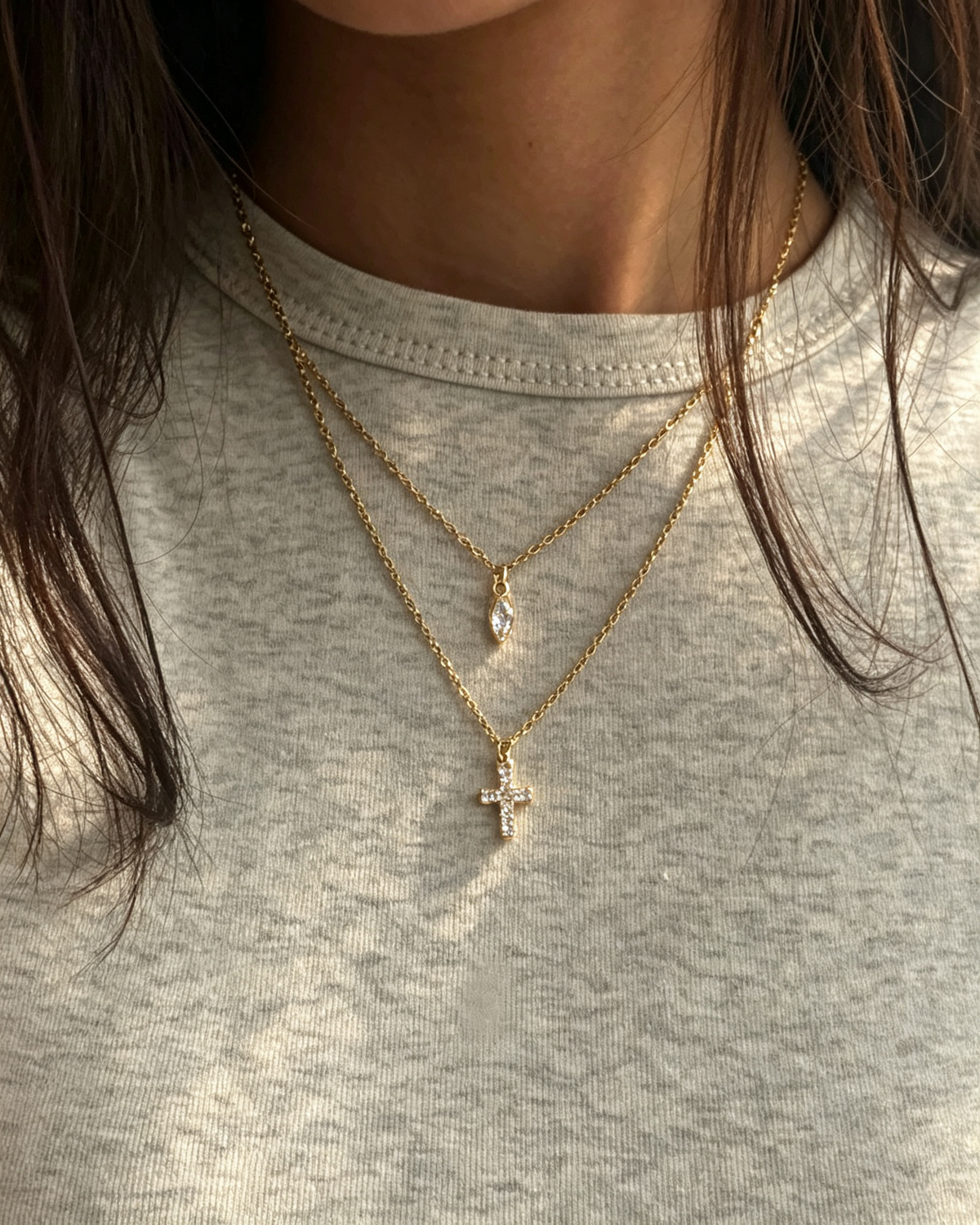 Vintage Double‑Layer Zircon Cross & Teardrop Pendant Necklace Gold‑Tiered Stacked