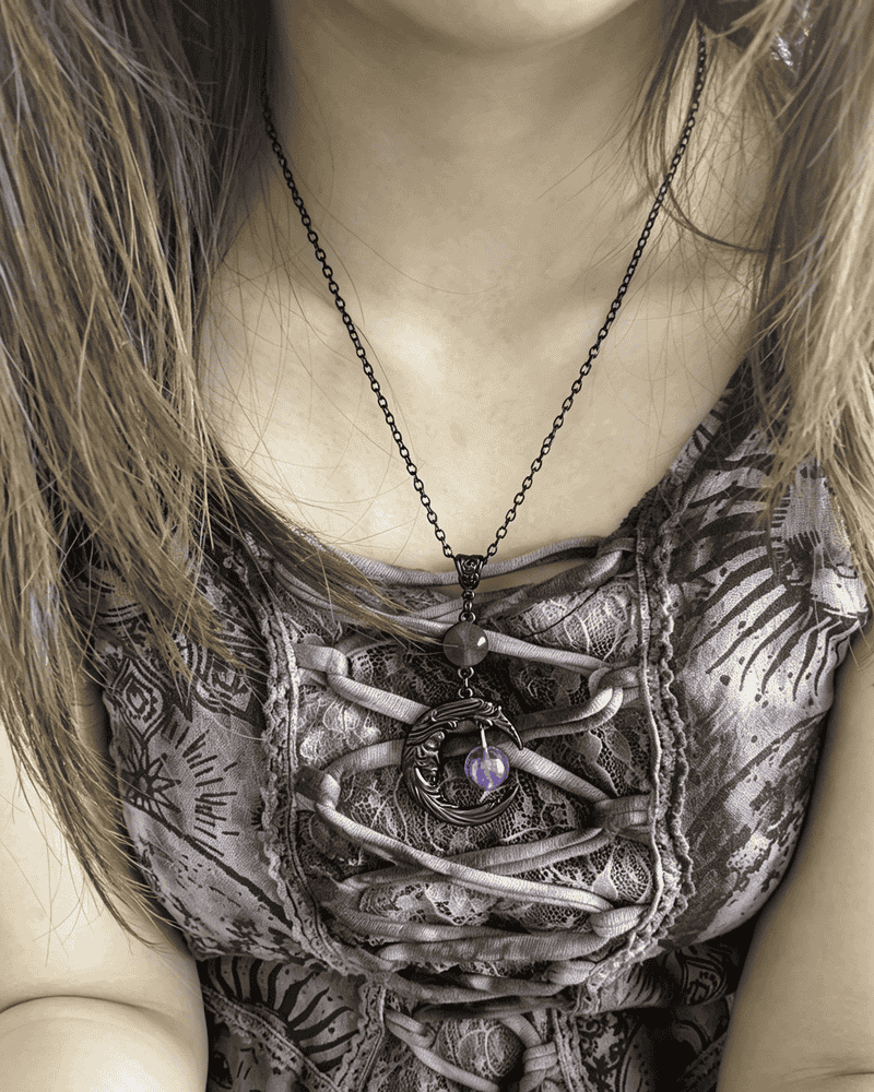 Vintage Crescent Moon Opal Pendant Necklace Gothic Black