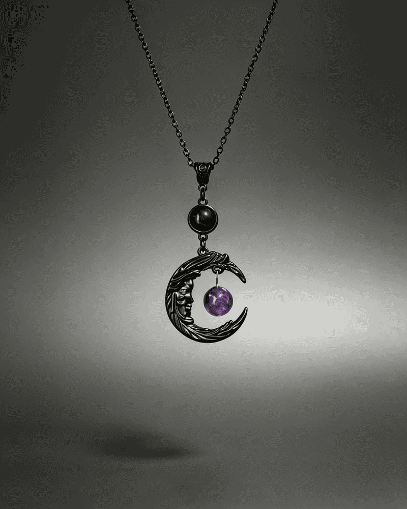 Vintage Crescent Moon Opal Pendant Necklace Gothic Black