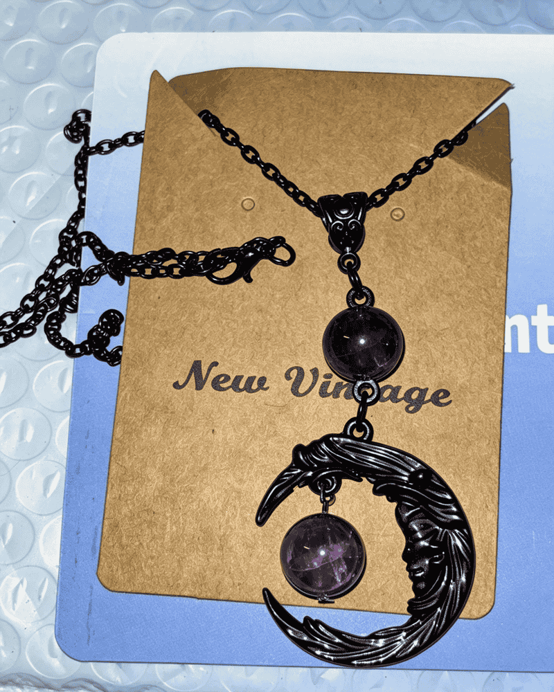 Vintage Crescent Moon Opal Pendant Necklace Gothic Black