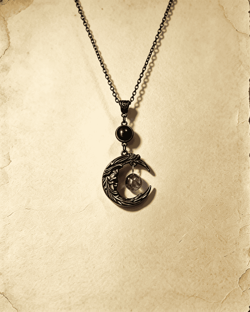 Vintage Crescent Moon Opal Pendant Necklace Gothic Black