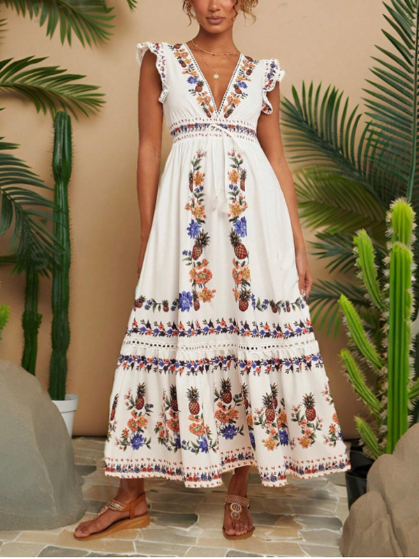 Women's Holiday Print V Neck Cap Sleeve Dress