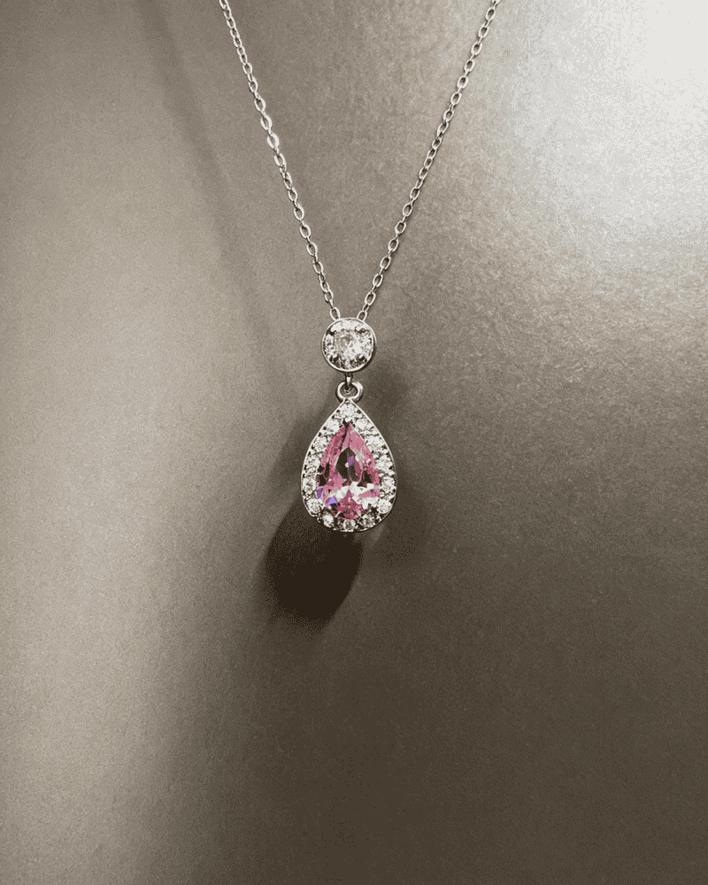 Teardrop‑Shaped Pink Cubic Zirconia Pendant Necklace, Silver‑Plated / Solid Silver Clavicle Chain
