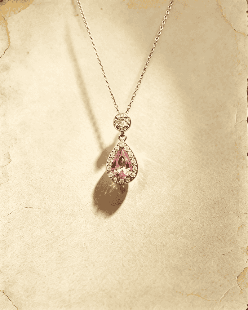 Teardrop‑Shaped Pink Cubic Zirconia Pendant Necklace, Silver‑Plated / Solid Silver Clavicle Chain