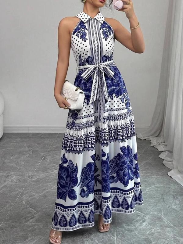 Off-the-shoulder Classic Blue and White Porcelain Print A-Line Elegant Dress