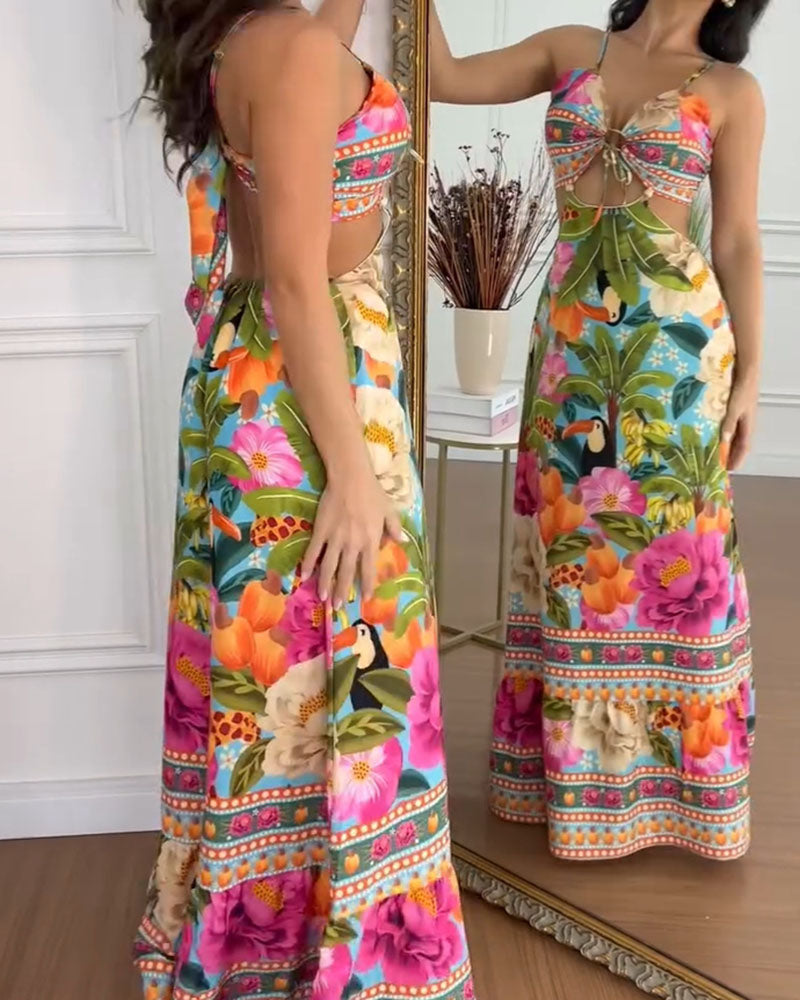 Women's printed backless holiday dress