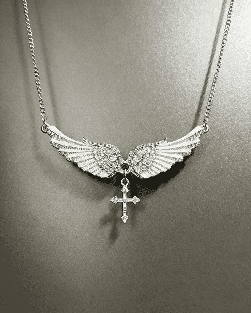 Vintage Angel‑Wing Cross Pendant Necklace Vintage Y2K Rhinestone