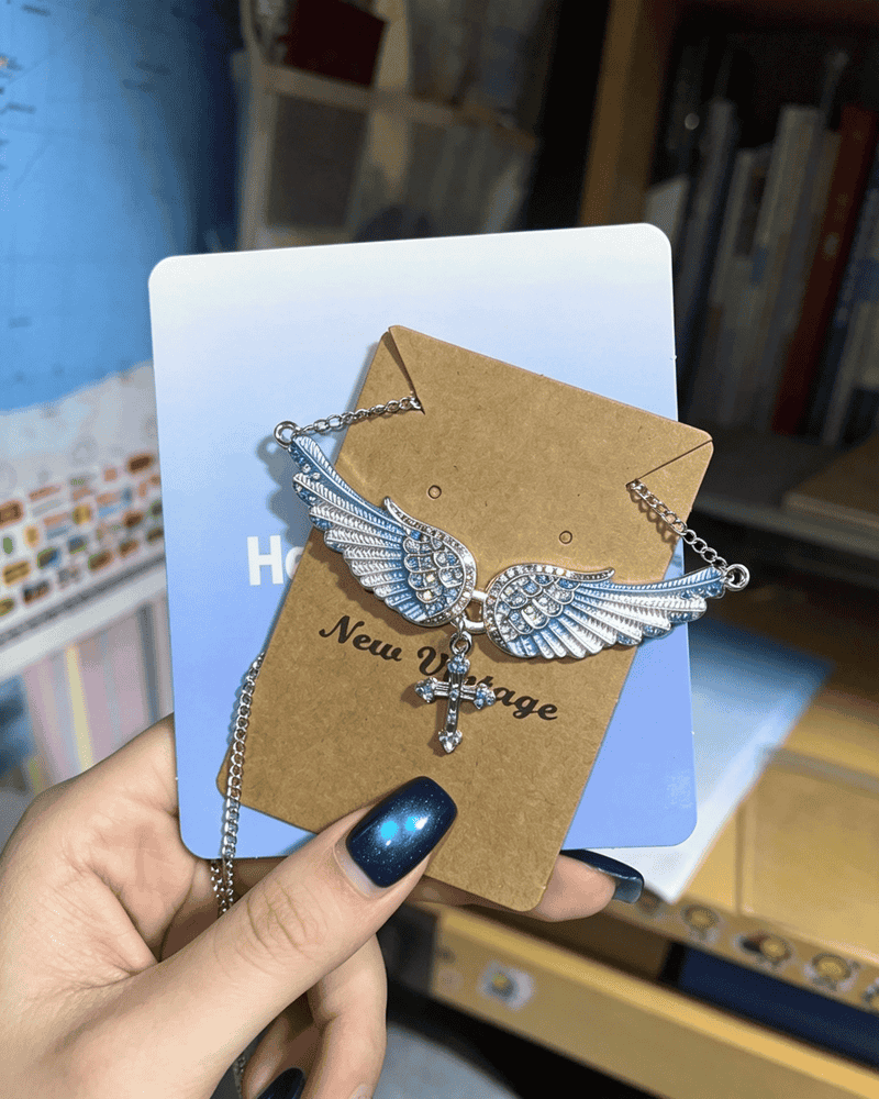 Vintage Angel‑Wing Cross Pendant Necklace Vintage Y2K Rhinestone
