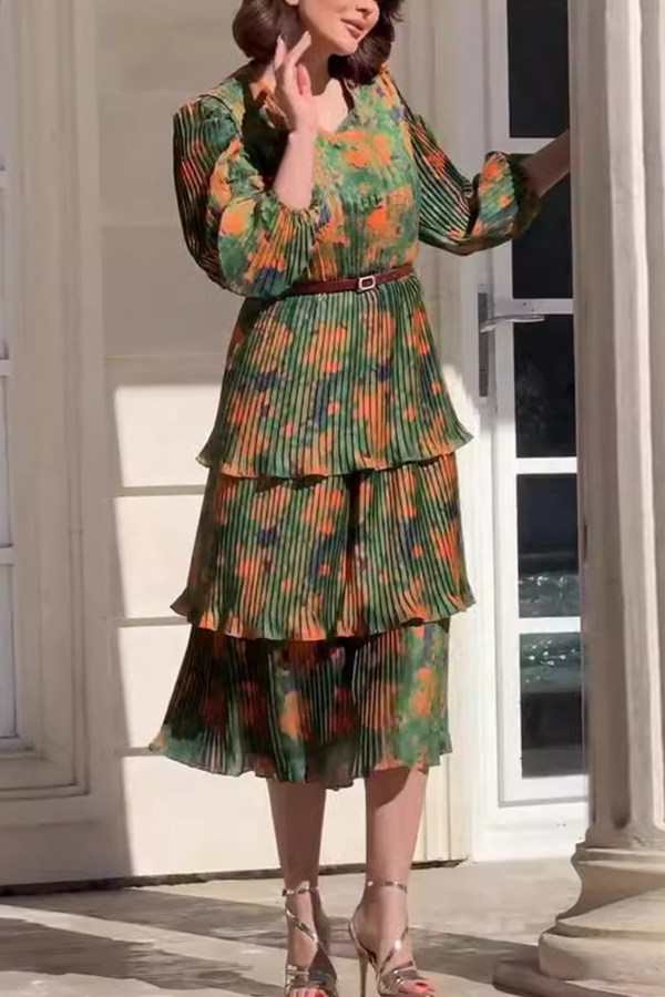 Fashion Printed Pleated Three-Layer Dress Women's Long Dress