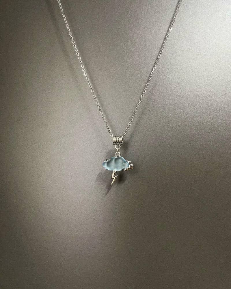 Vintage Storm Lightning‑Shaped Blue Enamel Pendant Necklace