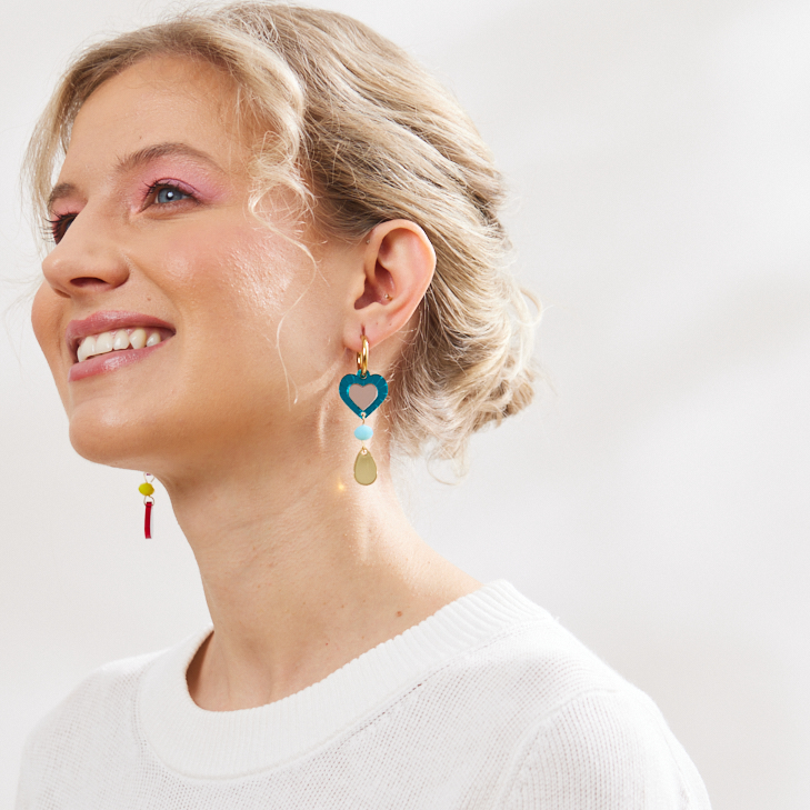 Heart and Bead Earrings - Rainbow