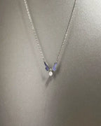Vintage Tiny Blue‑Wing Butterfly With Pearl Pendant Necklace