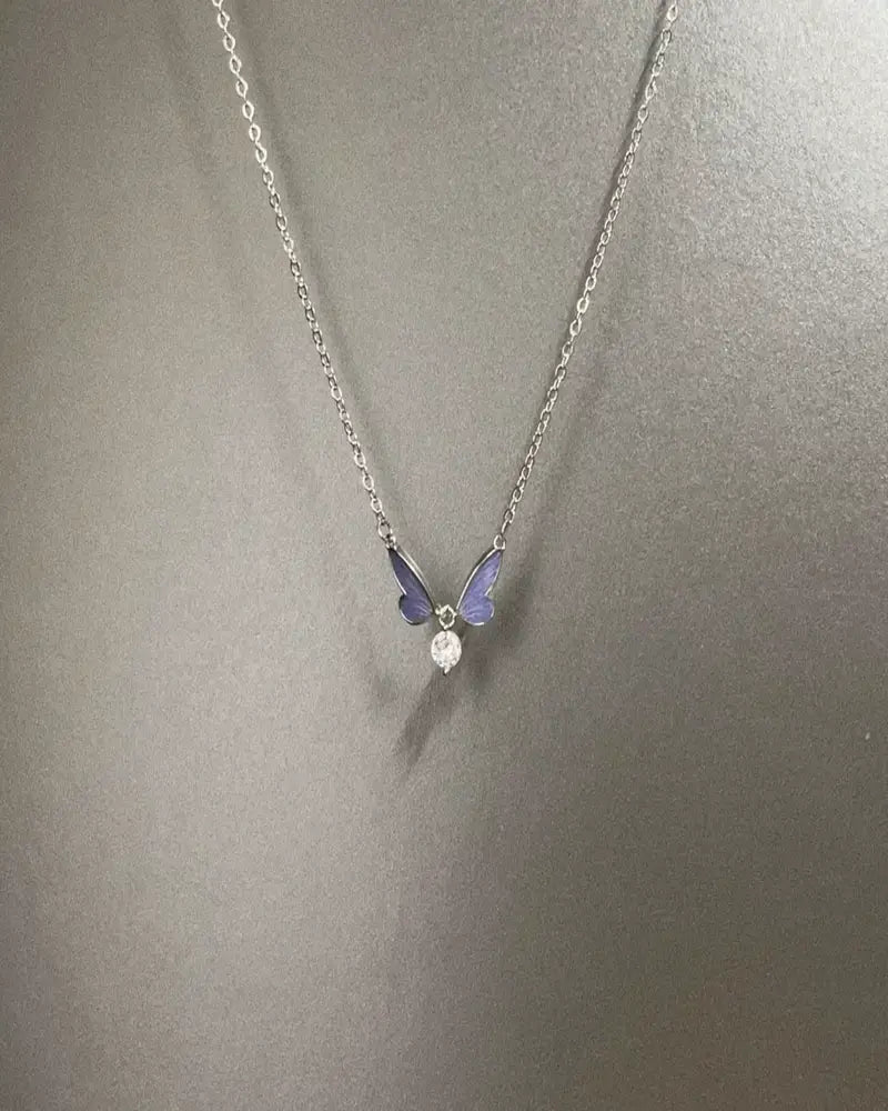 Vintage Tiny Blue‑Wing Butterfly With Pearl Pendant Necklace