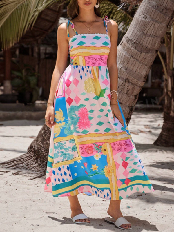 Beach Vacation Leisure Splicing Printed Suspender Dress